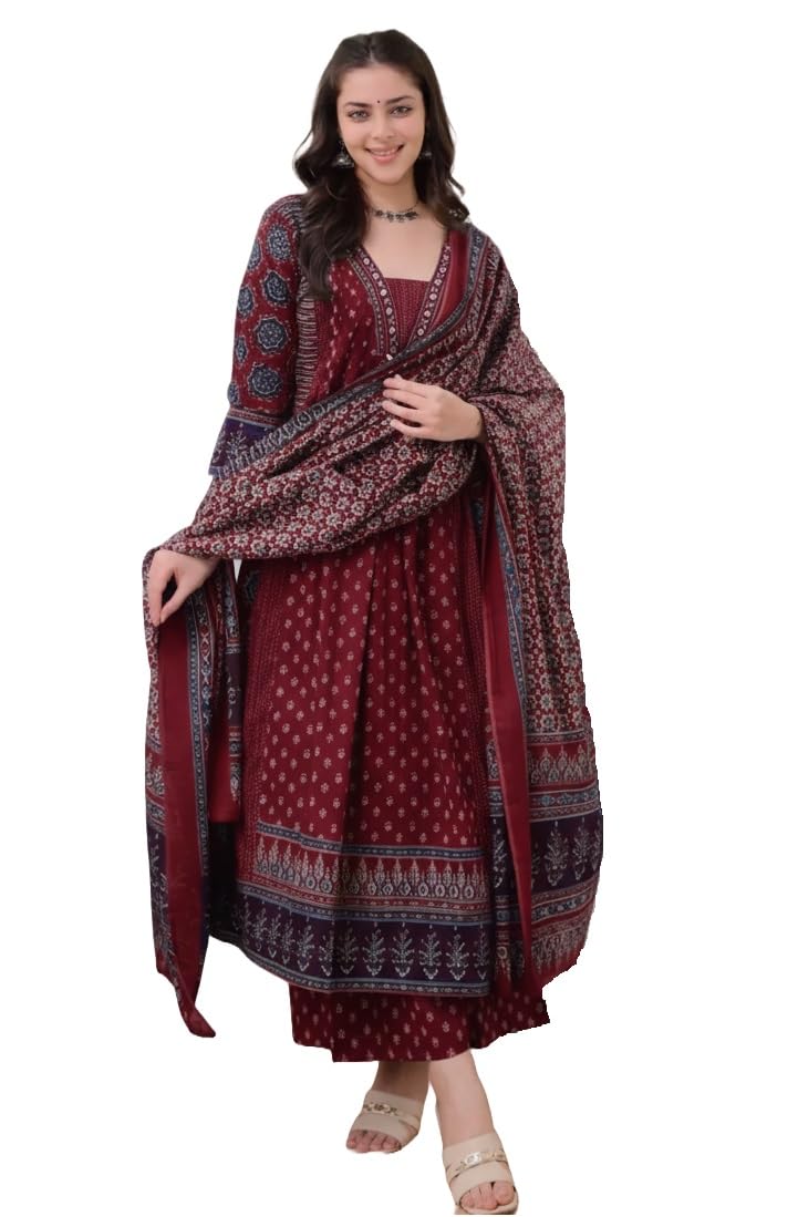 Women's Printed Anarkali Kurta and Pant with Dupatta Set