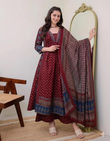 Women's Printed Anarkali Kurta and Pant with Dupatta Set