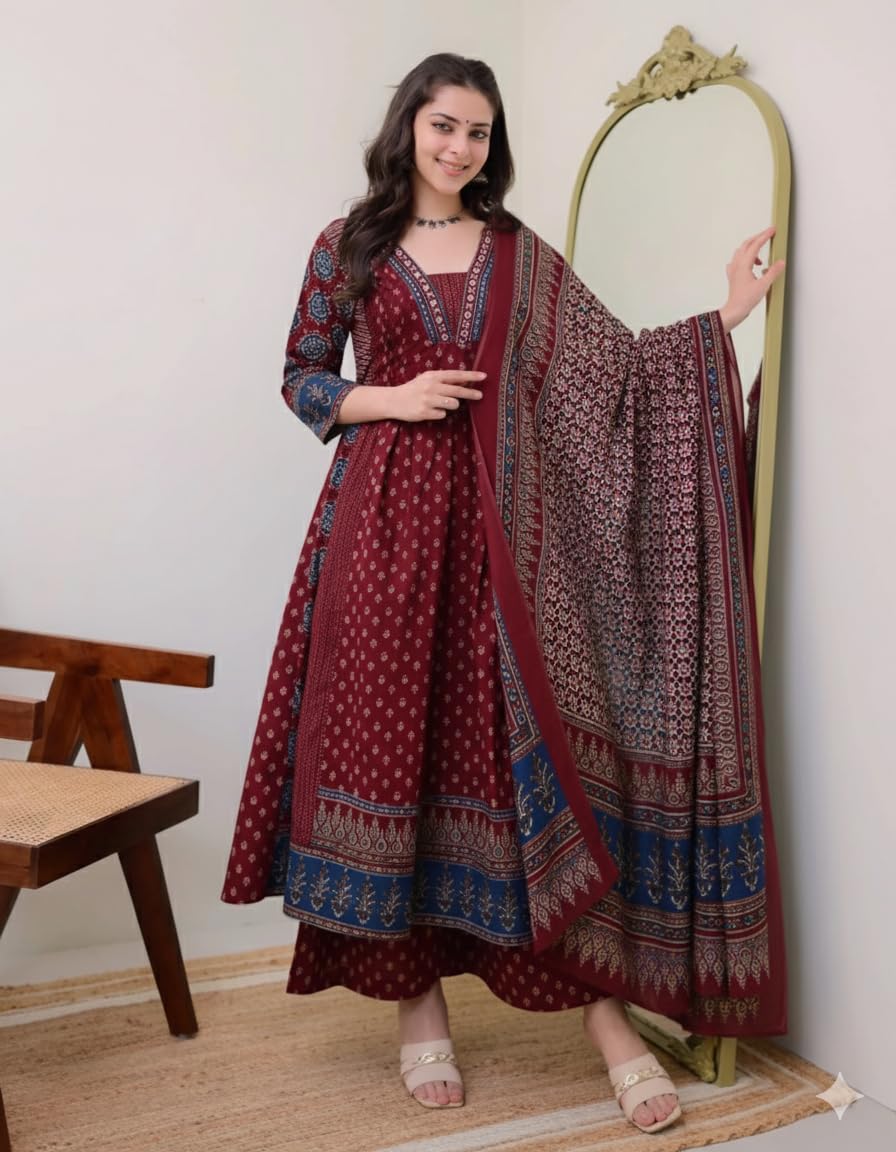 Women's Printed Anarkali Kurta and Pant with Dupatta Set