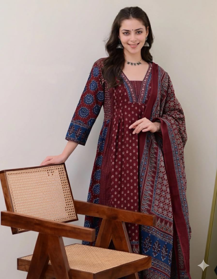 Women's Printed Anarkali Kurta and Pant with Dupatta Set