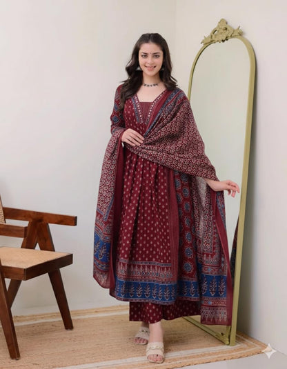 Women's Printed Anarkali Kurta and Pant with Dupatta Set