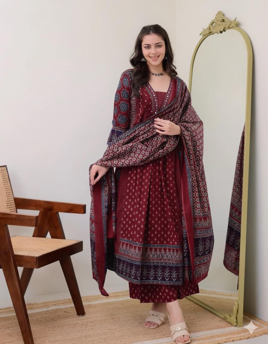 Women's Printed Anarkali Kurta and Pant with Dupatta Set