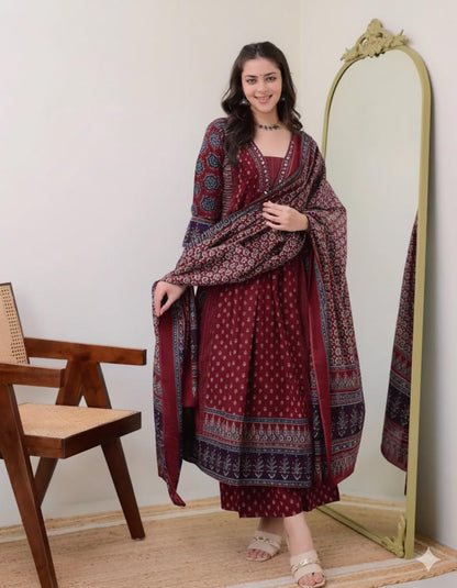 Women's Printed Anarkali Kurta and Pant with Dupatta Set