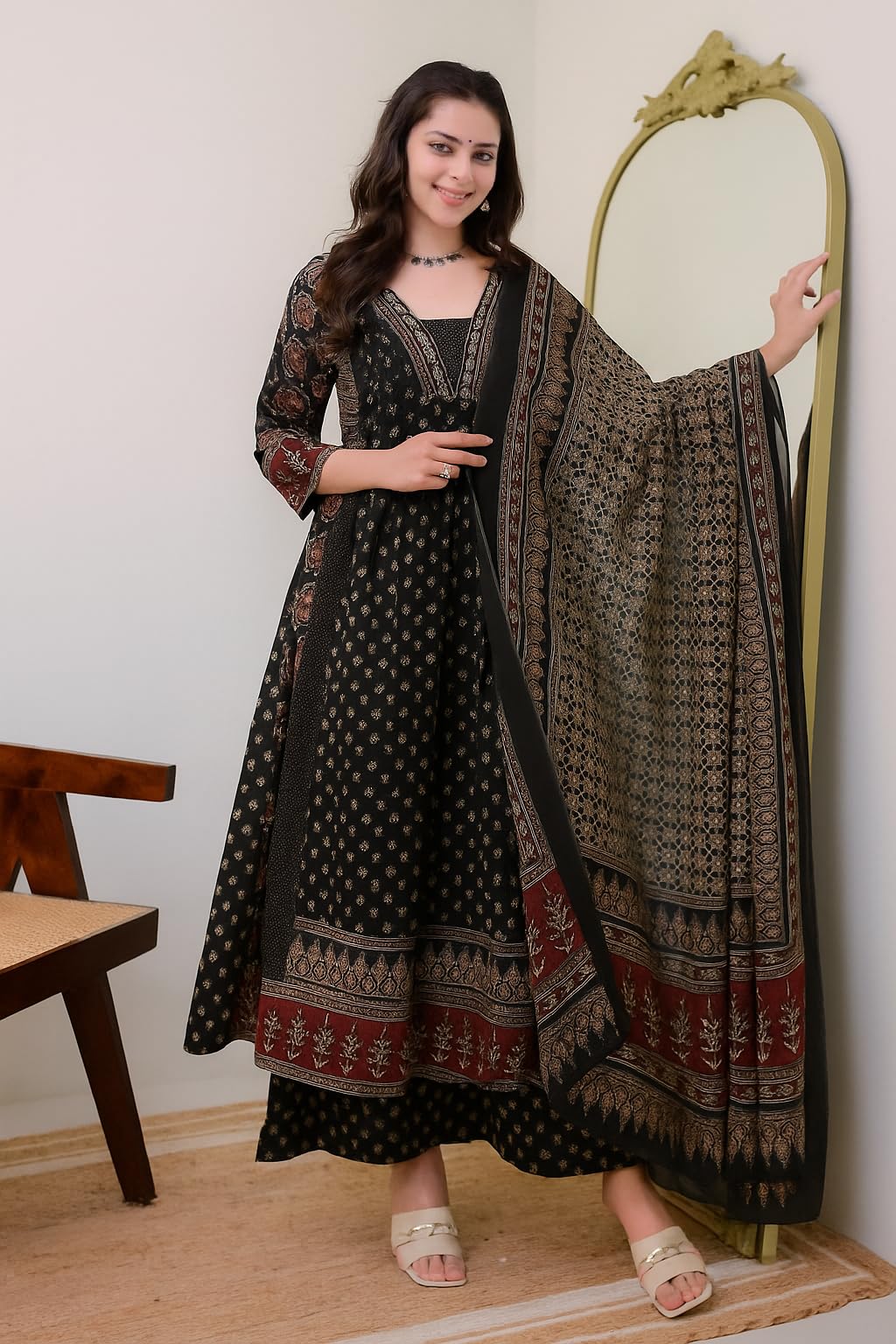 Women's Printed Anarkali Kurta and Pant with Dupatta Set