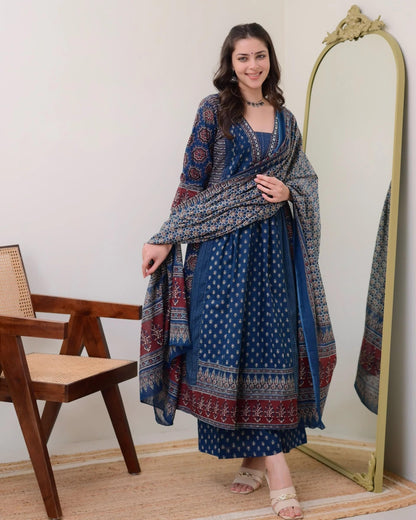 Women's Printed Anarkali Kurta and Pant with Dupatta Set
