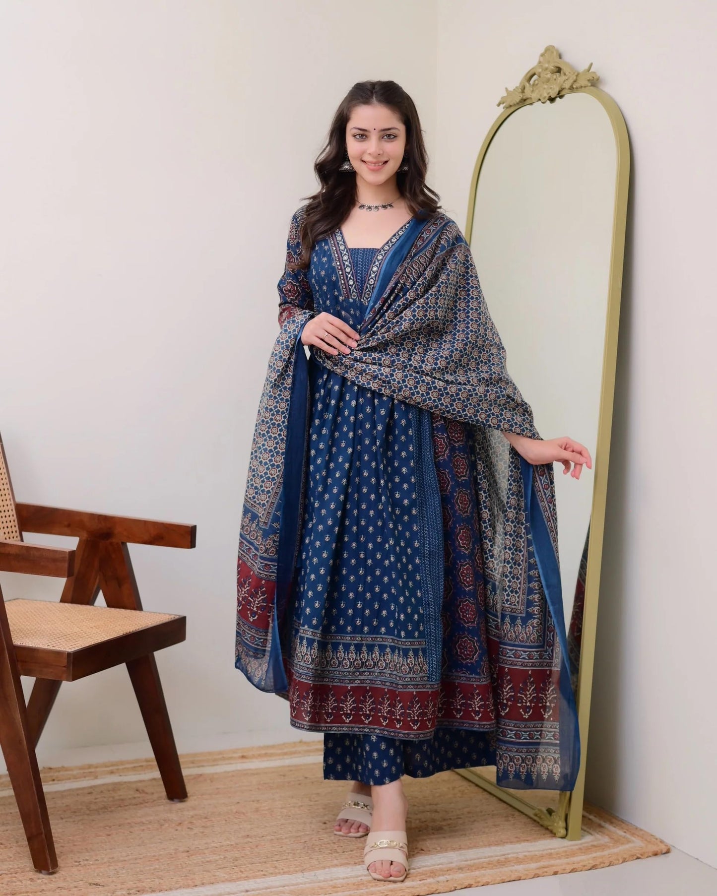 Women's Printed Anarkali Kurta and Pant with Dupatta Set