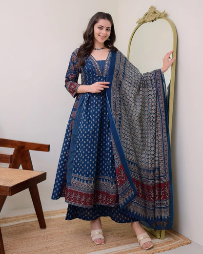 Women's Printed Anarkali Kurta and Pant with Dupatta Set